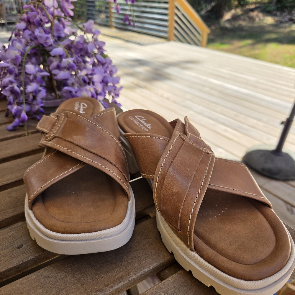Clarks Brown Leather Slide Sandals